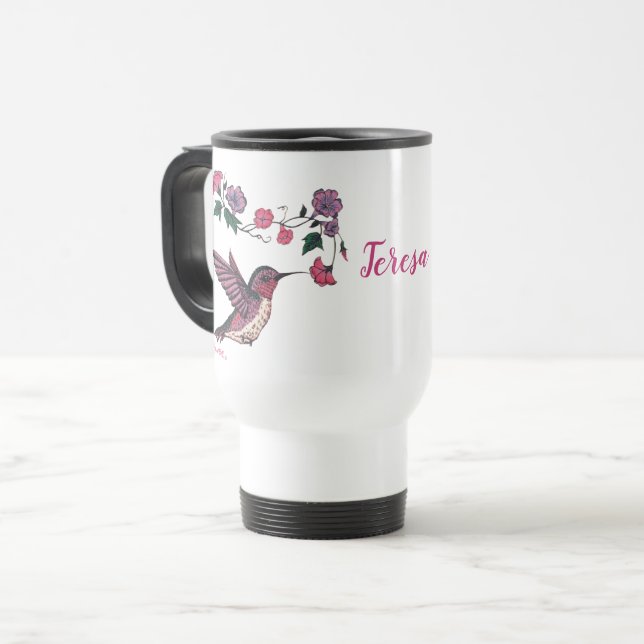 Caneca de viagem de beija-flores e flores (Frente Esquerda)