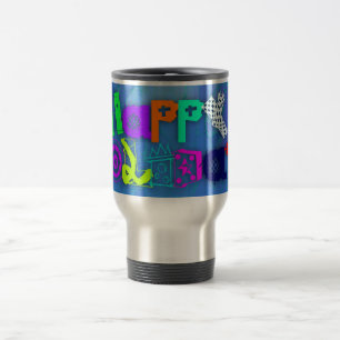 Caneca de viagem de feriados felizes coloridos