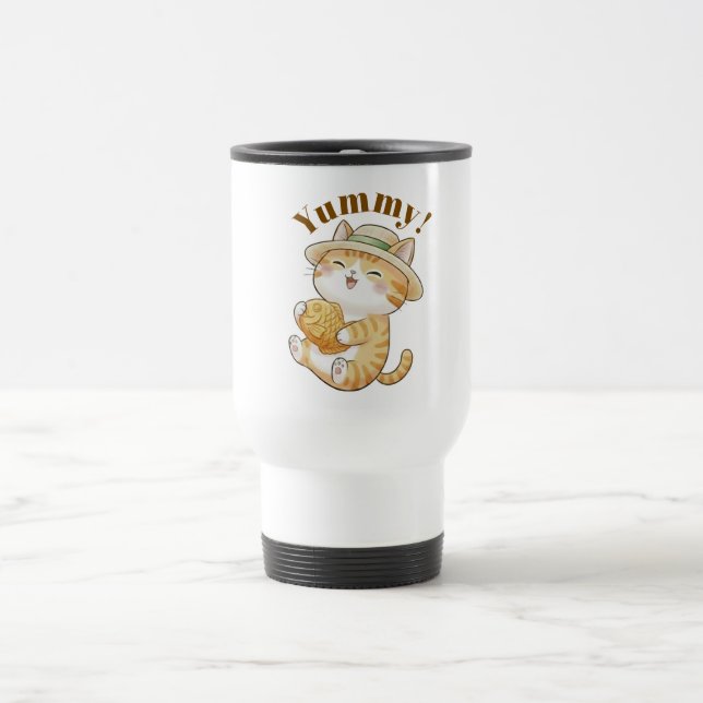 Caneca de Viagem de Gato Gengibre Kawaii com Peixe (Centro)