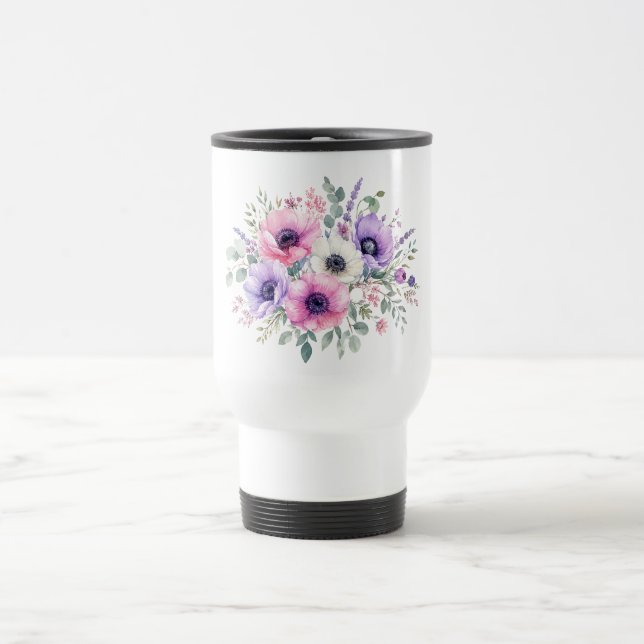 Caneca de viagem Flor de Anêmona Aquarela (Centro)
