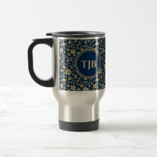 Caneca de Viagem Floral Azul Marinho Personalizada