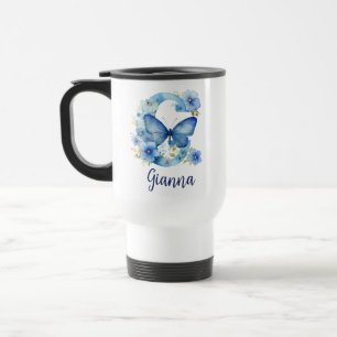 caneca de viagem Floral Azul Monograma de 15 oz