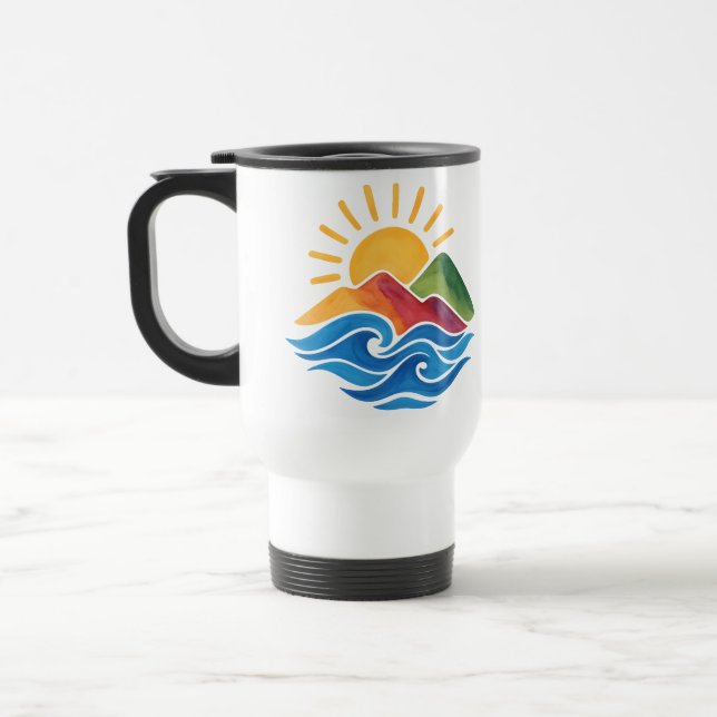 Caneca de Viagem Montanhas Oceano Pôr do Sol (Esquerda)