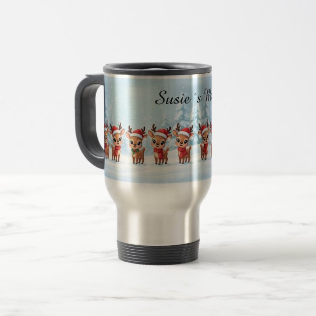 Caneca de Viagem Personalizada com Rena, Nome Pers (Frente Esquerda)