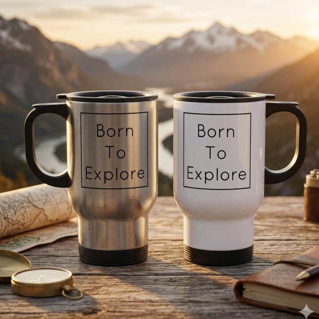 Caneca de Viagem Personalizada Nascido Para Explor (Travel mug with personalized text reads "Born To Explore")
