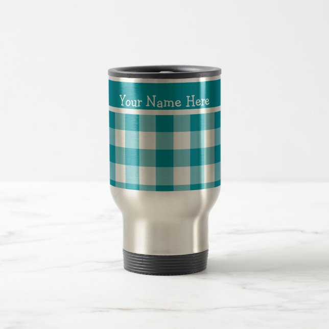 Caneca de viagem Personalizada, Teal e White Check (Centro)