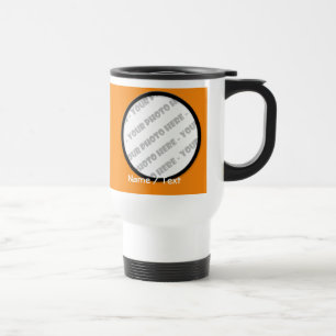 Caneca de viagem redonda da foto & do texto -