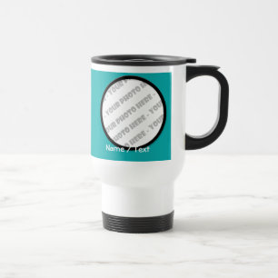 Caneca de viagem redonda da foto & do texto -