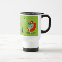Caneca de viagem retro da mulher da leitura