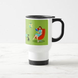 Caneca de viagem retro da mulher da leitura