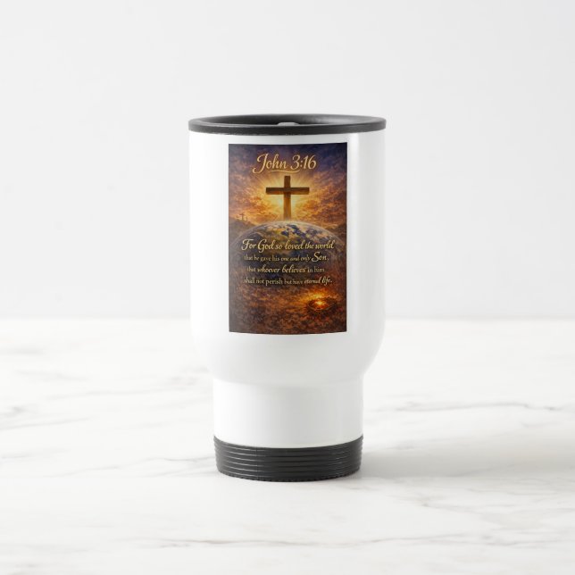 Caneca de Viagem Versículo da Bíblia João 3:16 (Centro)
