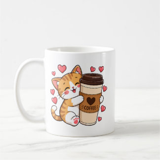 Caneca de xícara de café com gatinho fofo abraçand