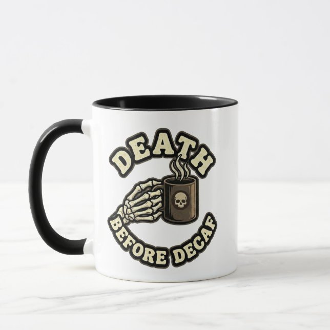 Caneca Death Before Decaf | Funny Retro Skull & Coffee  (Esquerda)