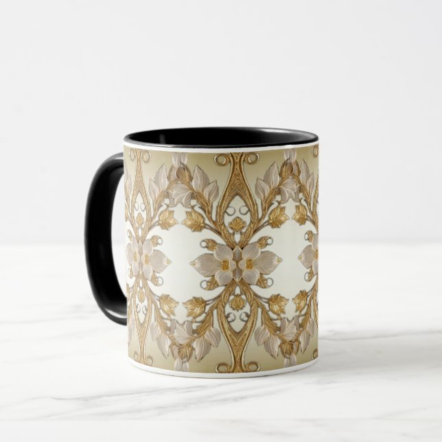Caneca Decorativa Dourada com Flores Brancas (Frente Esquerda)