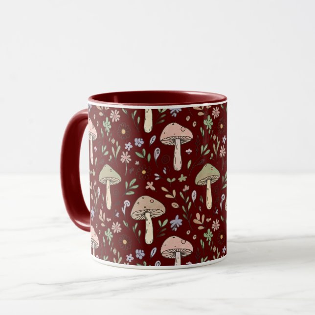 Caneca Deep Maroon Fungi Seamless Gothic Dark Academia  (Frente Esquerda)