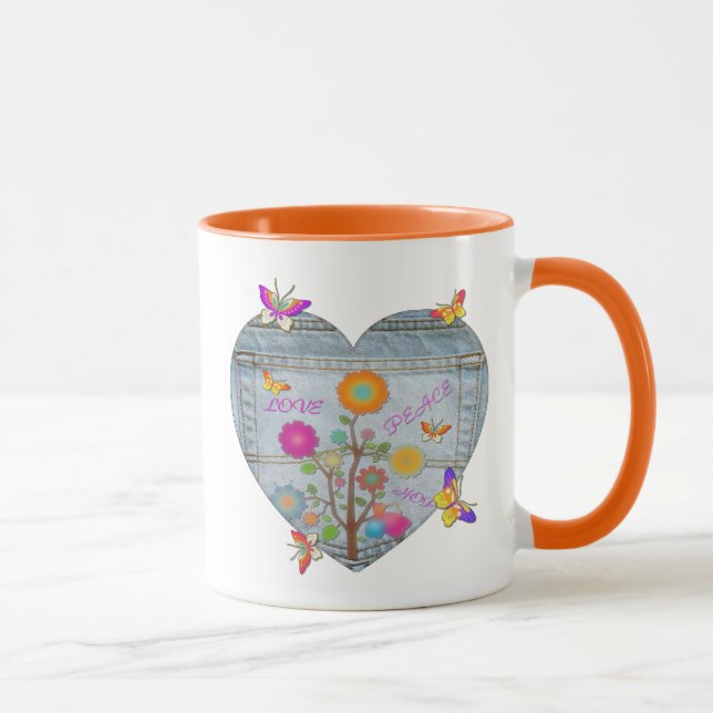 Caneca Denim Pocket Heart Flowers Borboletas Coffee Mug (Direita)