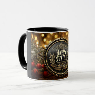 Caneca Desejos de ano novo feliz em um fundo festivo