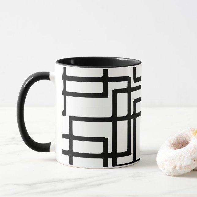 Caneca Desenho Artístico de Quadrados Pretos Entrelaçados (Com Donut)