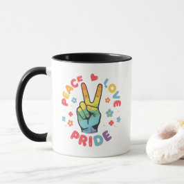 Caneca Desenho colorido com paz, amor e orgulho à mão