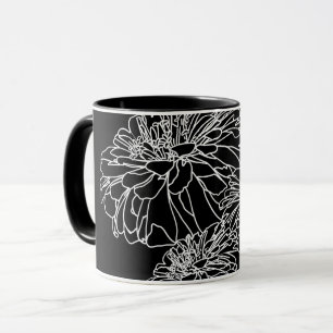 Caneca Desenho da linha de flores brancas pretas minimali