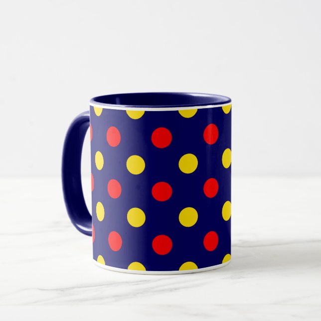 Caneca Desenho de bolinhas vermelhas e amarelas em azul-m (Frente Esquerda)