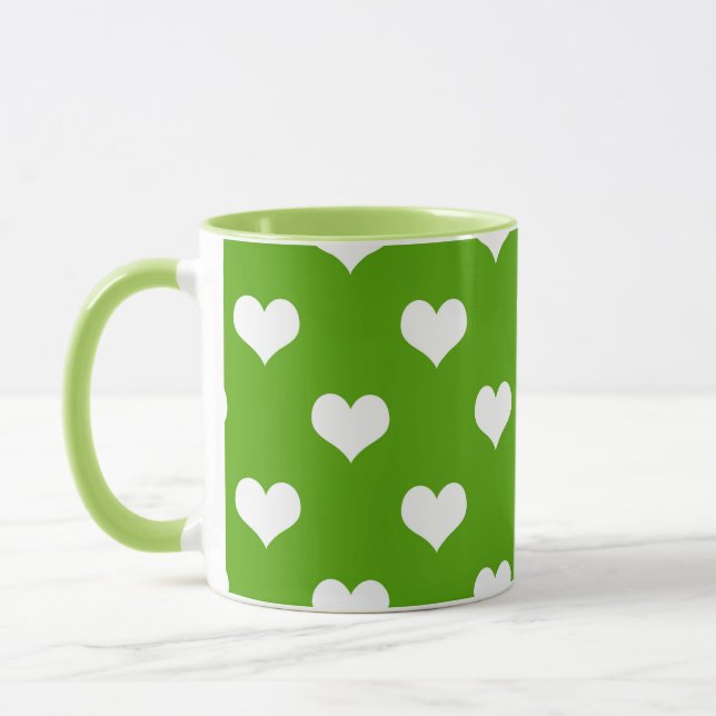 Caneca Desenho de Corações Lindos Brancos Verdes (Esquerda)