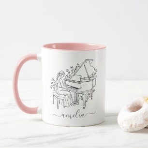 Caneca Desenho de Linha de Pianista Feminina Personalizad
