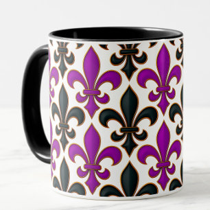 Caneca Desenho de padrão Barroco Flor-de-lis Preto Roxo
