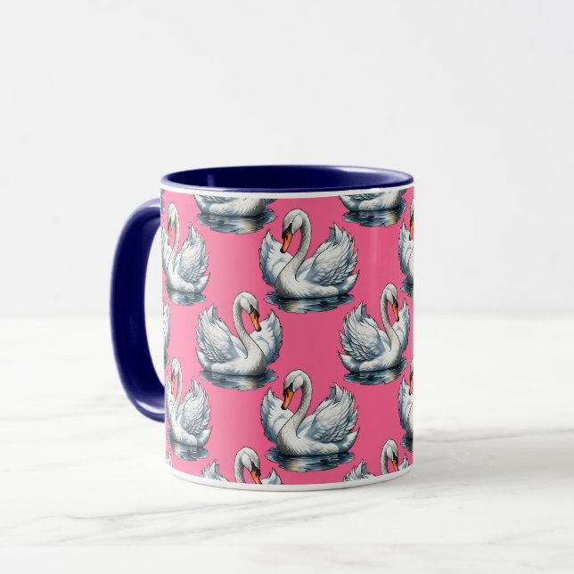 Caneca Desenho de padrão de aves cisnes em rosa (Frente Esquerda)