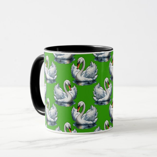 Caneca Desenho de padrão de aves cisnes em verde  (Frente Esquerda)