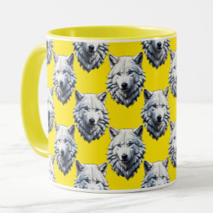 Caneca Desenho de padrão de cabeça de lobo branco amarelo