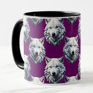 Caneca Desenho de padrão de cabeça de lobo branco roxo