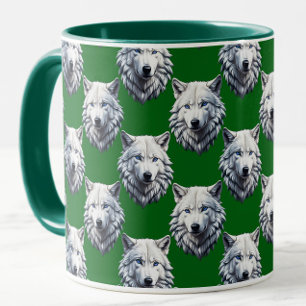 Caneca Desenho de padrão de cabeça de lobo branco verde
