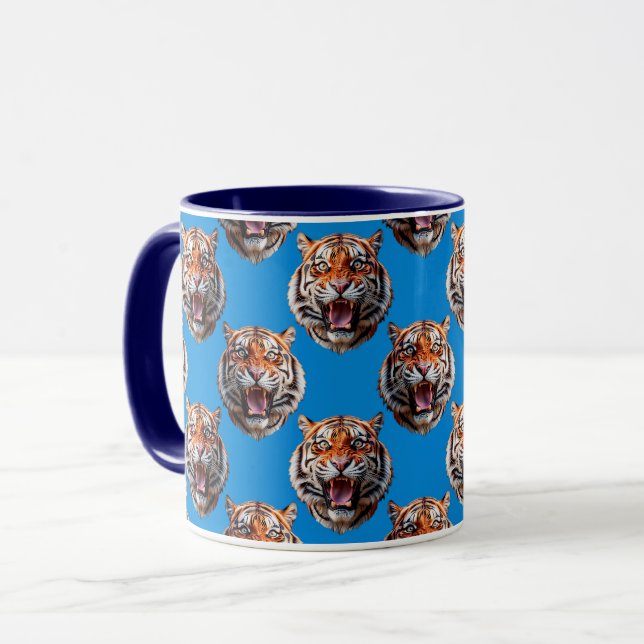 Caneca Desenho de padrão de cabeça de tigre azul (Frente Esquerda)