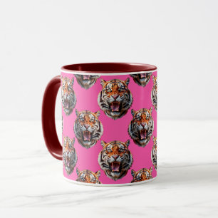 Caneca Desenho de padrão de cabeça de tigre rosa