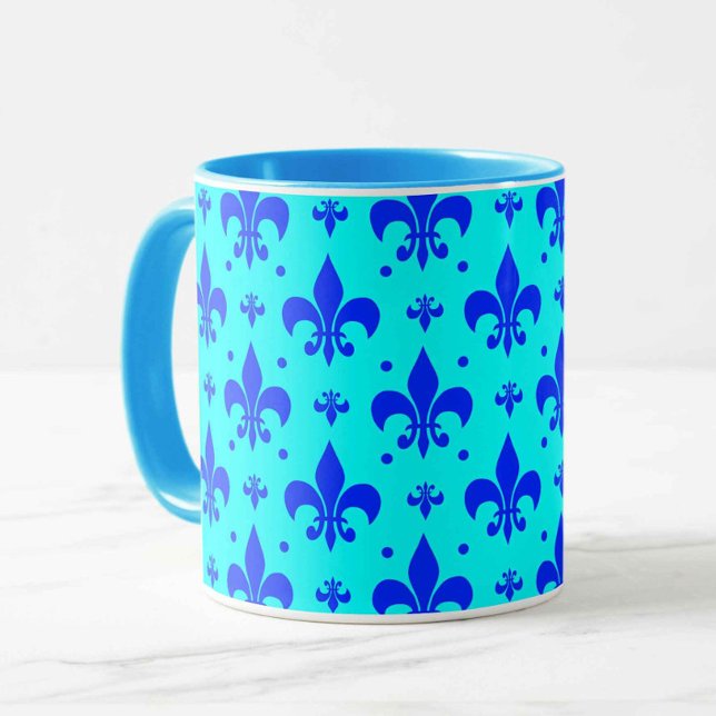 Caneca Desenho de padrão de flor-de-lis azul ciano (Criador carregado)
