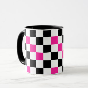 Caneca Desenho de padrão xadrez rosa preto e branco