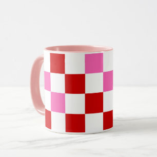 Caneca Desenho de padrão xadrez vermelho branco rosa