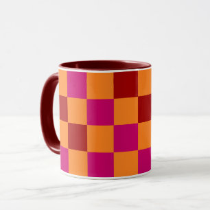 Caneca Desenho de padrão xadrez vermelho laranja rosa