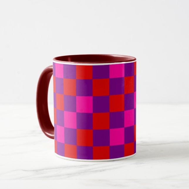 Caneca Desenho de padrão xadrez vermelho roxo rosa (Frente Esquerda)