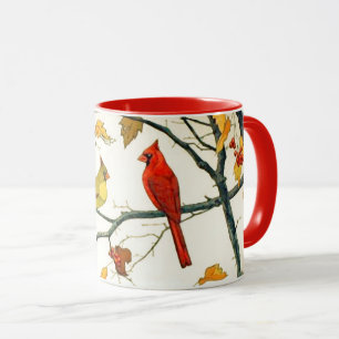 Caneca Desenho de Vintage, Cardeais em uma ramificação de