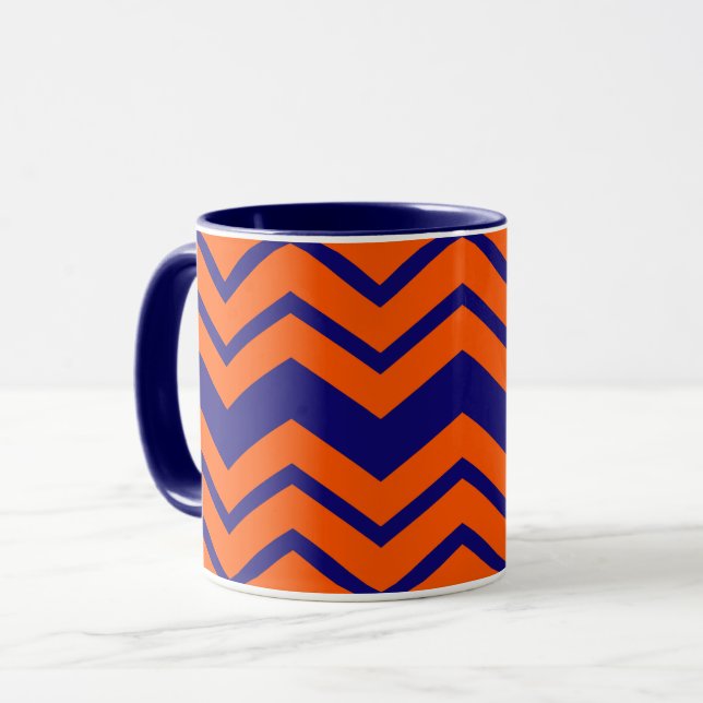 Caneca Desenho de ziguezague em chevron azul laranja (Frente Esquerda)