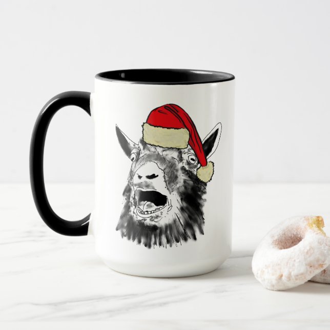 Caneca Desenho Divertido de Cabra Gritando no Natal (Com Donut)