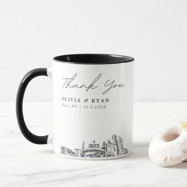 Caneca Desenho em Reno Skyline Simples Casamento Personal (Com Donut)