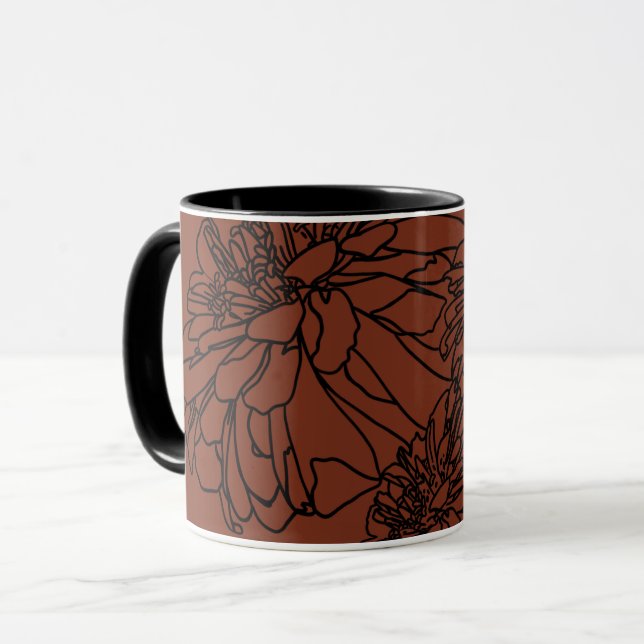 Caneca Desenho floral negro de terra cotta castanha minim (Frente Esquerda)