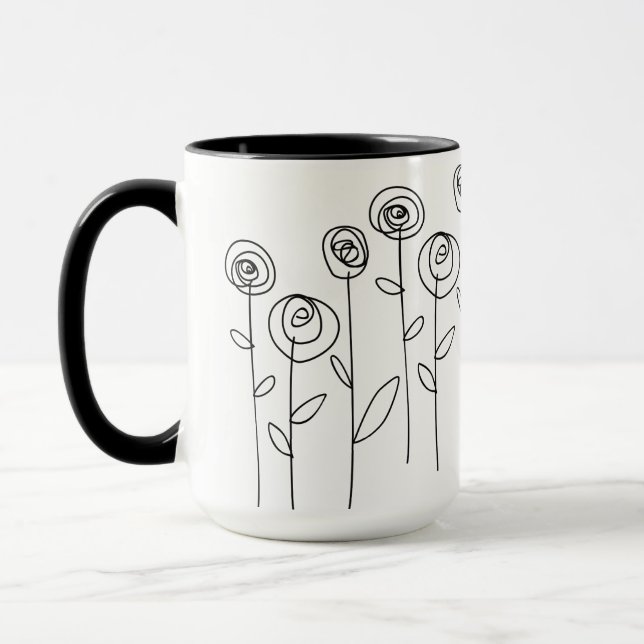Caneca Desenho Simples de Flores Preto e Branco (Esquerda)