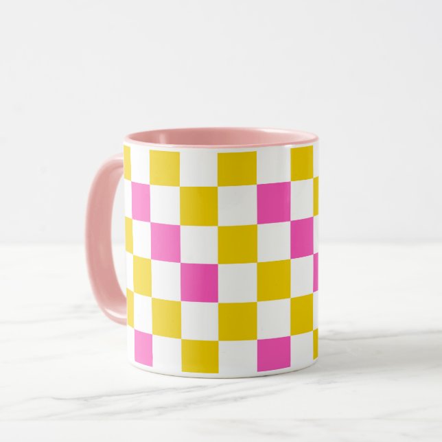 Caneca Desenho Xadrez Amarelo Branco Rosa (Frente Esquerda)