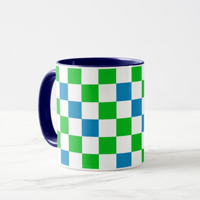 Caneca Desenho Xadrez Azul Branco Verde (Frente Esquerda)