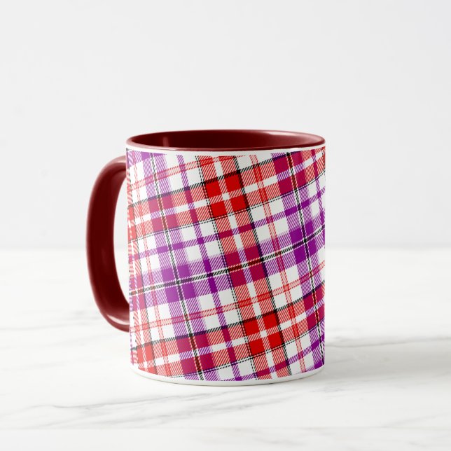 Caneca Desenho Xadrez Escocês Branco Vermelho Roxo (Frente Esquerda)