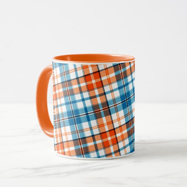 Caneca Desenho Xadrez Escocês Laranja Azul Branco (Frente Esquerda)